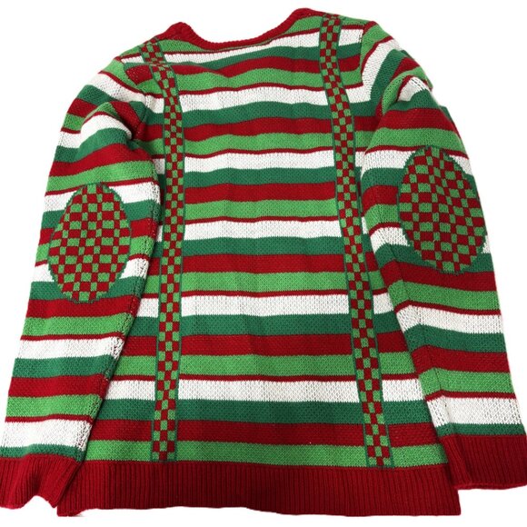Jolly Ugly Christmas Sweater grn red white stripe faux suspenders EUC Size L - Picture 9 of 14